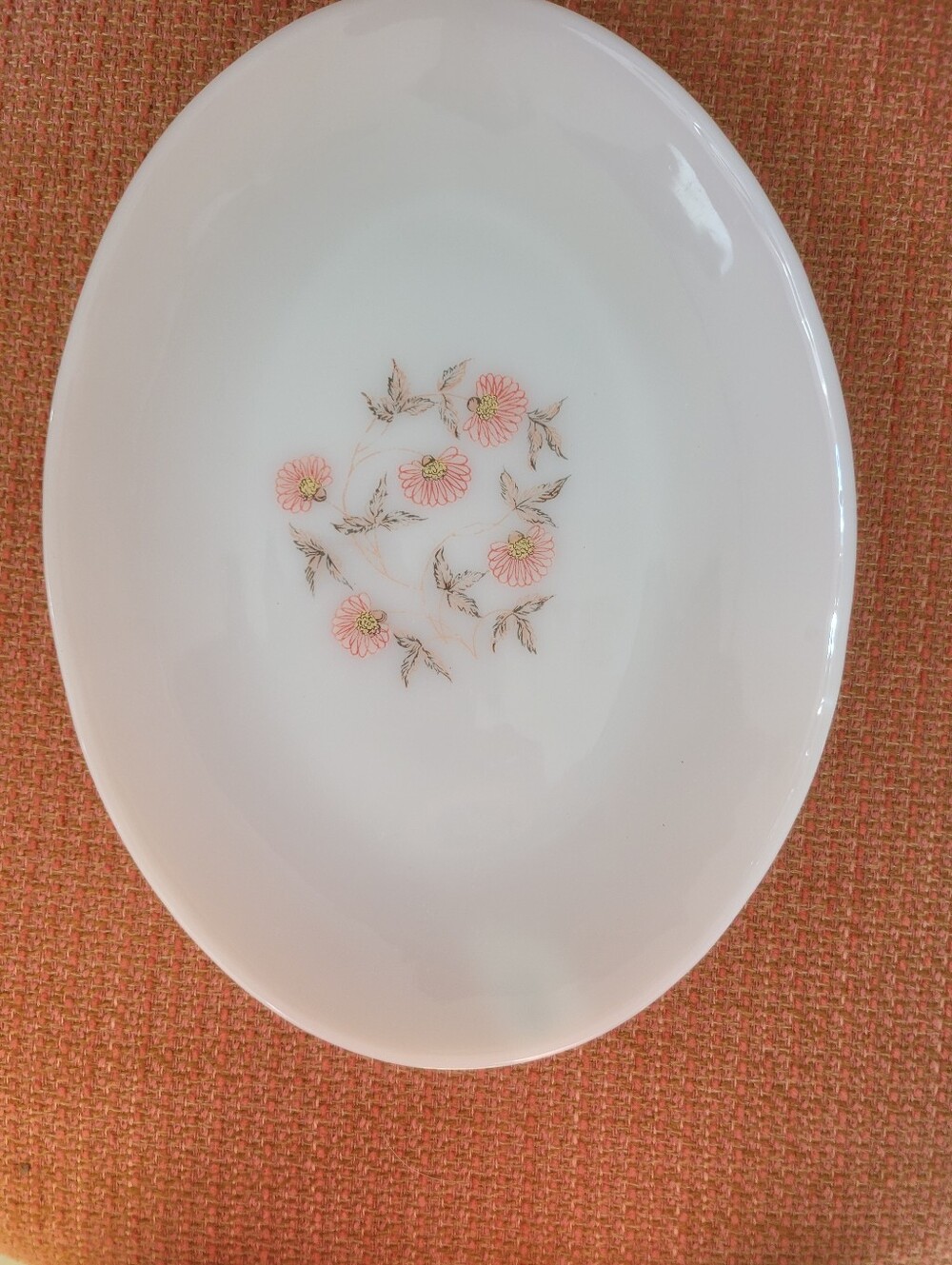 MCM Fire King Fleurette Pink Floral Milk Glass Platter, Vintage 1950s/60s